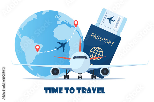 Aircraft, passport with air ticket, planet earth. Time to travel concept. Traveling by plane. International flight. Vector illustration for poster, banner.