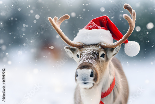 Cute reindeer with red winter santa hat in snow photo