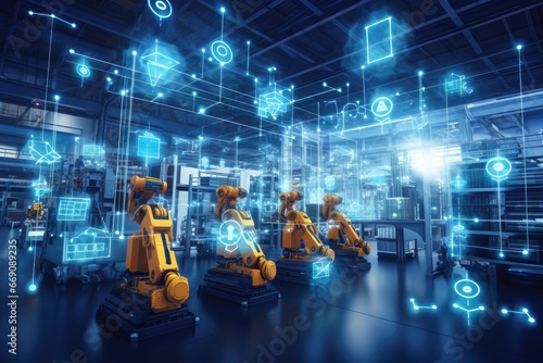 Smart industry 4.0 concept - Smart factory for fourth industrial revolution with icon graphic showing automation system by using robots and automated machinery controlled via internet, AI Generated photo