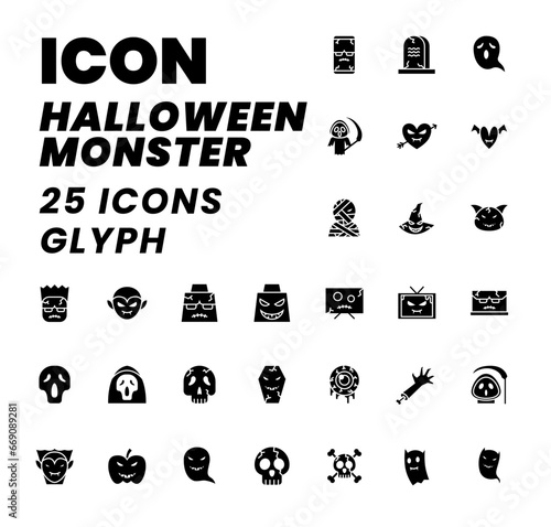Icon pack Halloween Monster Glyph, Halloween icon, Spooky, Scary, Horor, Simple and Minimalist icon