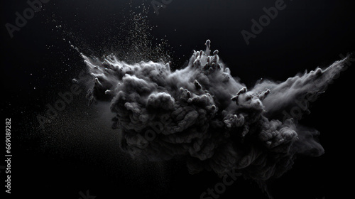 Explosion of black powder on black background. Background for for sales on Black Friday