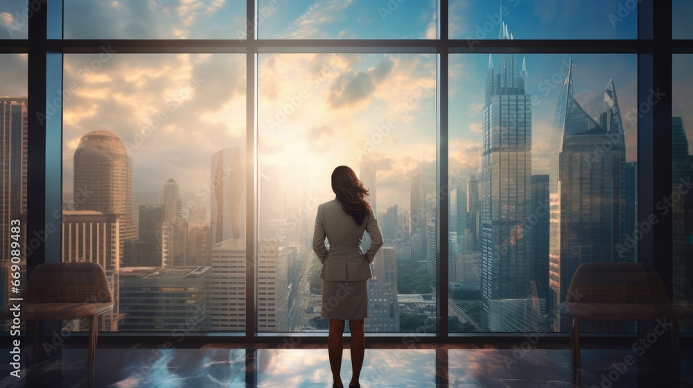 View from behind of a businesswoman looking out from the penthouse View from behind of a businesswoman looking out from the penthouse