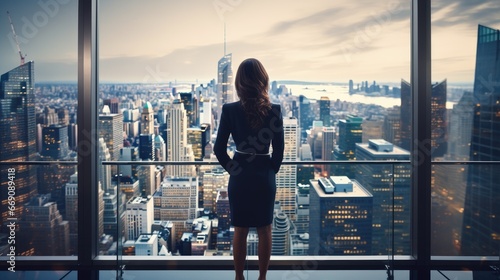 View from behind of a businesswoman looking out from the penthouse