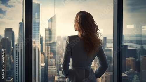 View from behind of a businesswoman looking out from the penthouse