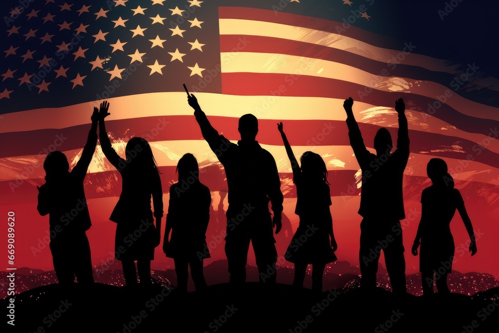 Silhouette of a group of children on the background of the American flag, Silhouette of Guys and girls waving American flags, AI Generated - obrazy, fototapety, plakaty 