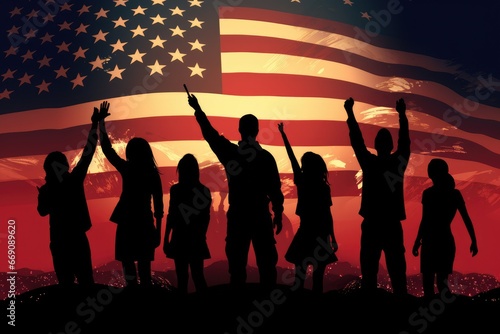 Silhouette of a group of children on the background of the American flag, Silhouette of Guys and girls waving American flags, AI Generated