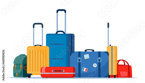 Travel bags composition. Suitcase, backpack, duffel bag. Tourist case, journey and adventure baggage. Retro tourist case with stickers. Wheeled travel bag with hand. Vector illustration.