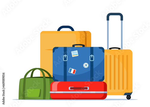 Travel bags composition. Suitcase, backpack, duffel bag. Tourist case, journey and adventure baggage. Retro tourist case with stickers. Wheeled travel bag with hand. Vector illustration.