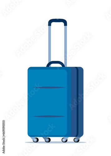 Blue wheeled travel bag with hand. Plastic travel suitcase. Vector illustration.