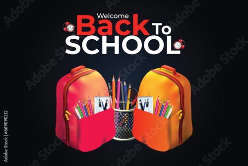 Back to school design with alarm clock, school supplies and school equipment other learning items. Welcome back to school text in speech bubble with doodle.