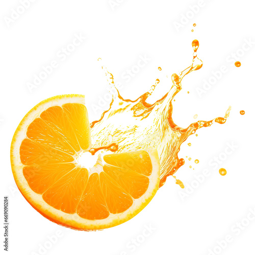 Orange in juice splash isolated on a transparent background, Ripe orange fruit floating with a splash of orange juice. Generative AI