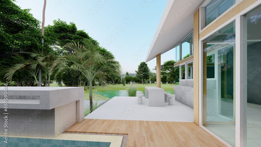 3D villa model, 1 story house with swimming pool and interior decoration with living room. There are bedrooms and a garden outside. modern style. 3D villa model, 1 story house with swimming pool and interior decoration with living room. There are bedrooms and a garden outside. modern style.