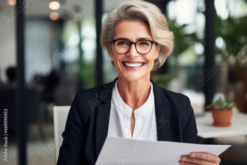 A smiling mature businesswoman from the HR department holds a resume at a job interview.