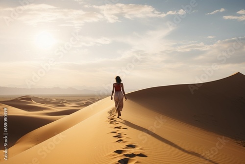 Woman treks barefoot in Namibias desert  facing the towering dunes ahead