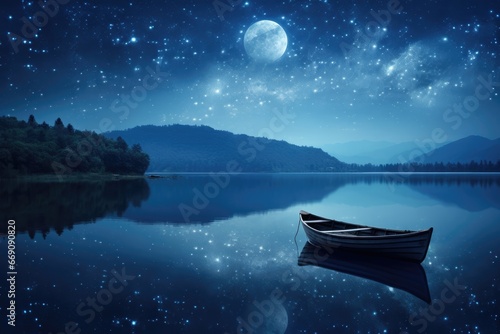 blue calm water lake with full moon and boat