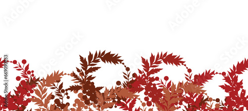 Berry frame made of leaves and branches highlighted on a white background. Autumn and New Year season. Vector illustration
