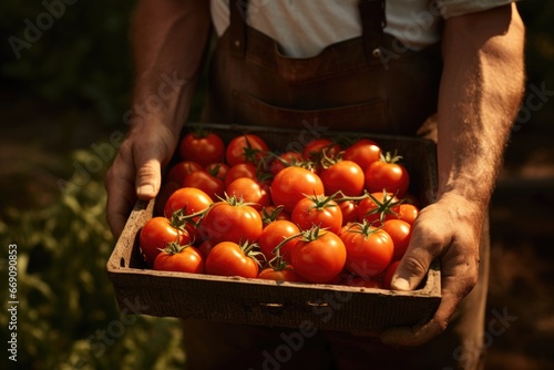 A man holds a basket with fresh tomatoes plucked from a bush © Julia Jones