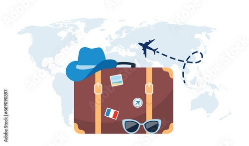 Retro suitcase, hat and sunglasses on world map background. Time to travel text. Travel concept for poster, banner. Vector illustration.