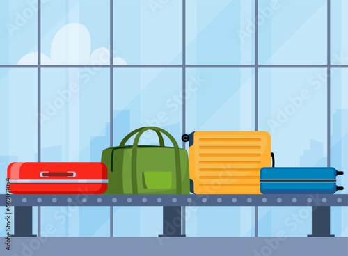 Airport conveyor belt with luggage. Carousel system with travel suitcases and bags with stickers. Cartoon baggage claim area. Vector illustration.