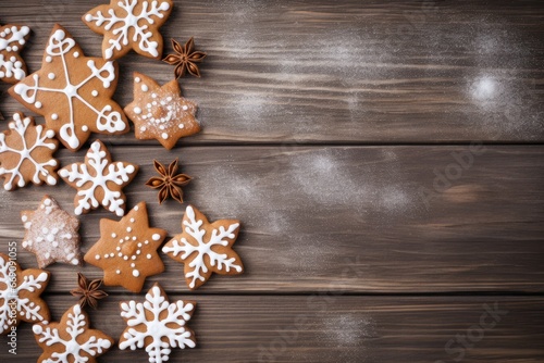 Christmas gingerbread cookies on wooden background top view