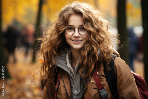 A student girl with a backpack and glasses goes to the park in autumn