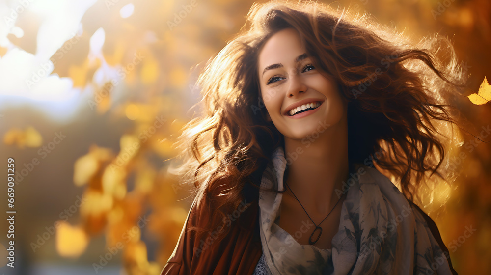 Young happy smiling woman standing in a field with sun shining through her hair enjoying free time and freedom outdoors, having fun relaxing and living happy moments