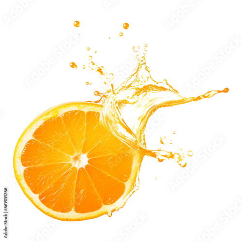 Orange in juice splash isolated on a transparent background, Ripe orange fruit floating with a splash of orange juice. Generative AI photo