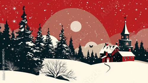 Illustration of winter tree forest landscape christmas night. Seasonal landscape background.