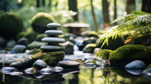Zen garden with massage basalt stones and bamboo. Spa background © vetre