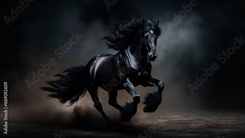 Wild black galloping stallion. with beautiful mane developing in the wind, Dark background. small dust cloud. Generative AI © Yuriy Maslov