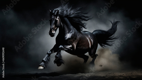 Wild black galloping stallion. with beautiful mane developing in the wind  Dark background. small dust cloud. Generative AI