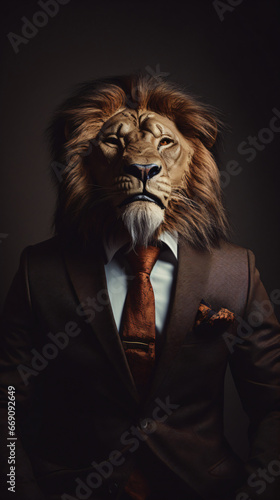 Man in suit wearing lion mask