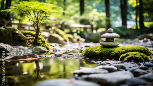 Zen garden with massage basalt stones and bamboo. Spa background