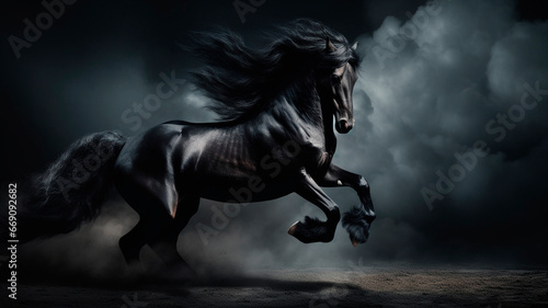 Wild black galloping stallion. with beautiful mane developing in the wind, Dark background. small dust cloud. Generative AI © Yuriy Maslov