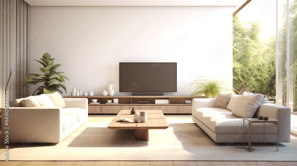 Living room with couch, coffee table and flat screen tv, hybrid interior design. Living room with couch, coffee table and flat screen tv, hybrid interior design.