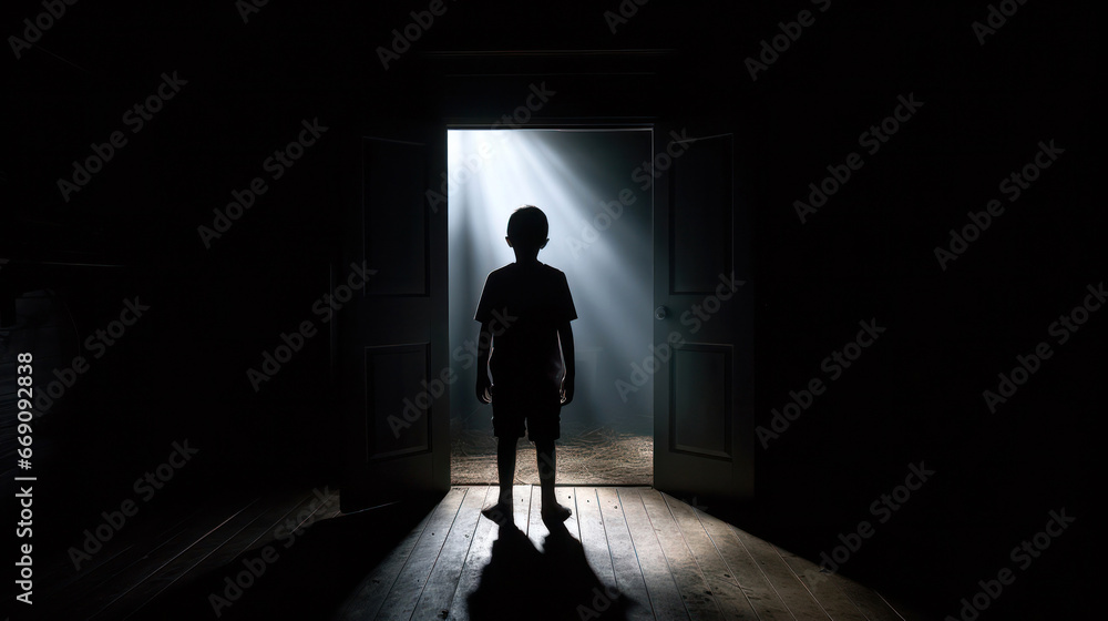 Young boy silhouette in dark room in front of the door from which the light emanates. The concept of social distance