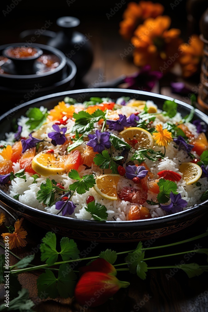 Cauliflower rice with edible flowers.. Cauliflower rice with edible flowers..