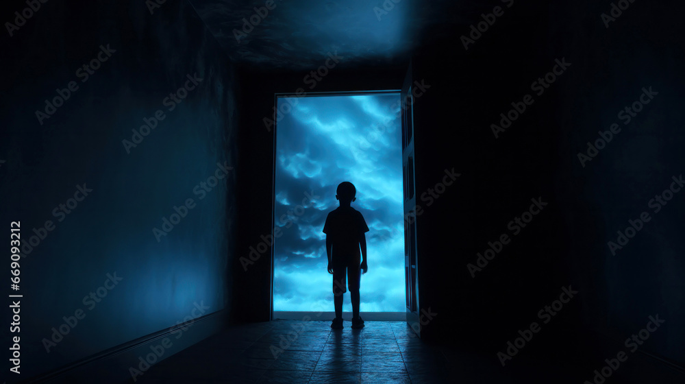 Obraz premium Young boy silhouette in dark room in front of the door from which the light emanates. The concept of social distance
