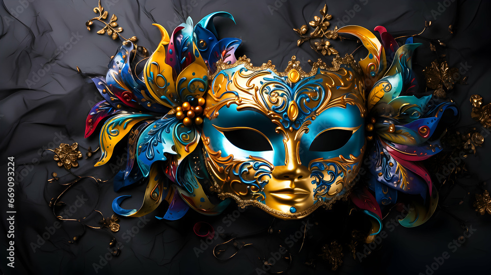 A carnival mask, a vivid explosion of emerald gold and sapphire blue, featuring intricate swirls and an enigmatic charm that beckons you into a world of revelry and enchantment.
