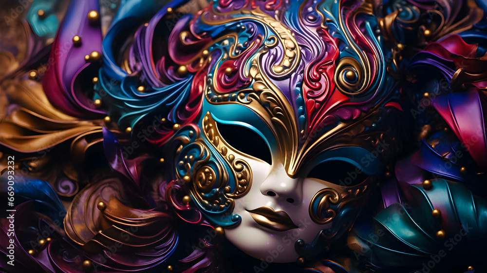 A carnival mask, a riot of colors, feathers, and rhinestones, capturing the essence of festivity and revelry.
