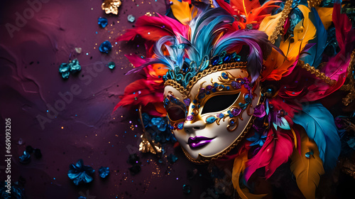 Colourful carnival mask on the purple background  copy space.