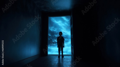 Young boy silhouette in dark room in front of the door from which the light emanates. The concept of social distance