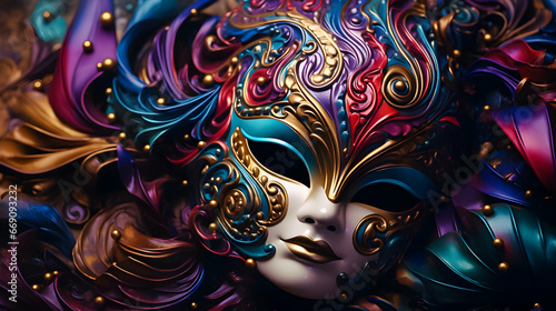 A carnival mask, a riot of colors, feathers, and rhinestones, capturing the essence of festivity and revelry. 