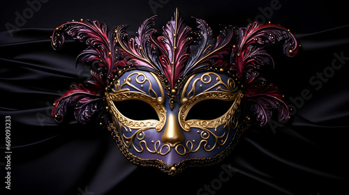 An ornate carnival mask, resplendent in gold and crimson hues, with intricate detailing that hints at the festivities of a grand masquerade. 