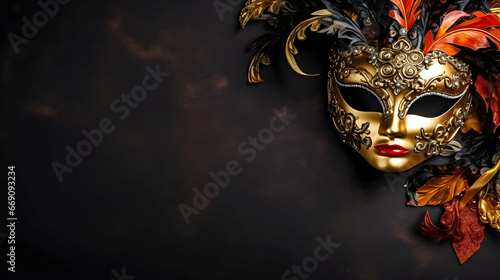 A whimsical carnival mask, painted in vivid colors and adorned with intricate patterns and sparkling jewels. Copy space. 