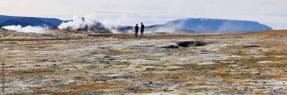 Hverir, Iceland. A surreal, bare orangy-red, geothermal area at the foot of Namafjall. Full of fumaroles, mud pools, steam vents. It's on Route 1. It is also called Namaskard Hverir.
