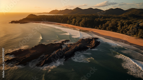 Stunning sunset photo of the coast seen from a drone