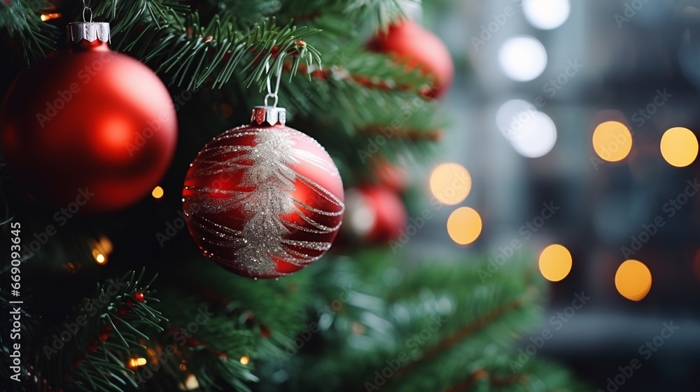 Obraz premium Bright New Year decorations on the Christmas tree, festive background, beautiful card.