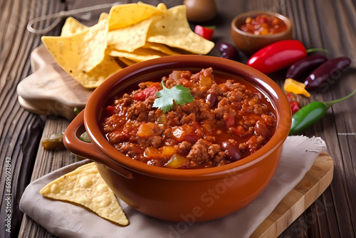 Bowl of chili con carne on wooden table with chips