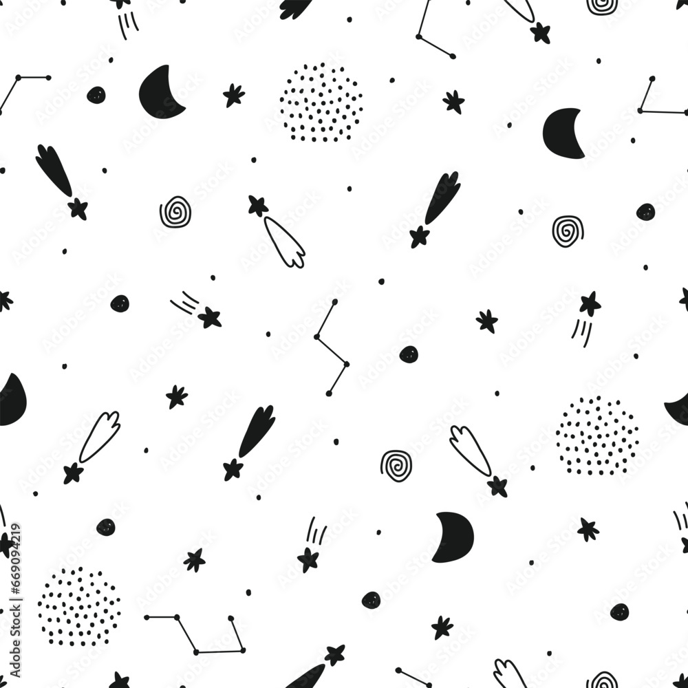 Baby seamless pattern space background with star on a white background hand drawn style cartoon design Use for print, wallpaper, decoration, textiles. Vector illustration